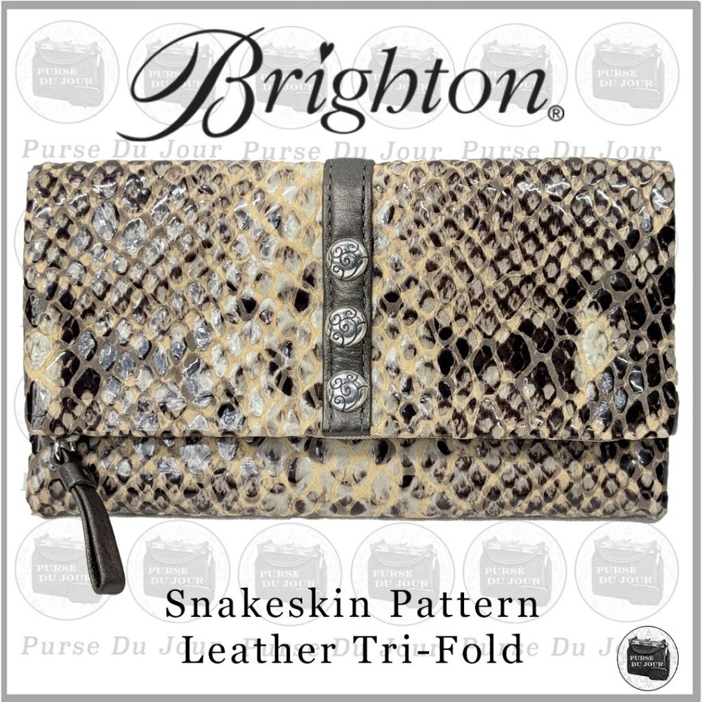 Brighton Beige / Brown Snakeskin Pattern Leather Trifold Long Wallet